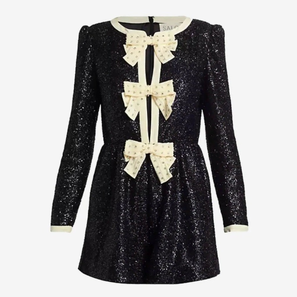 Saloni Sequin Camille B Bow Crystal Embellished Silk Trim Romper Cocktail NWT - Picture 3 of 12